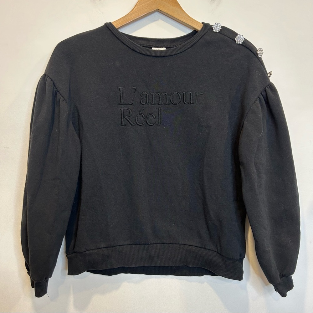 Zara Girl’s Balloon Sleeve “L’amore Reel” Sweater with Rhinestone Buttons Black